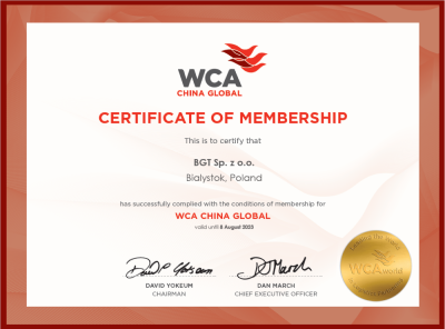 BGT certyfikat WCA China Global