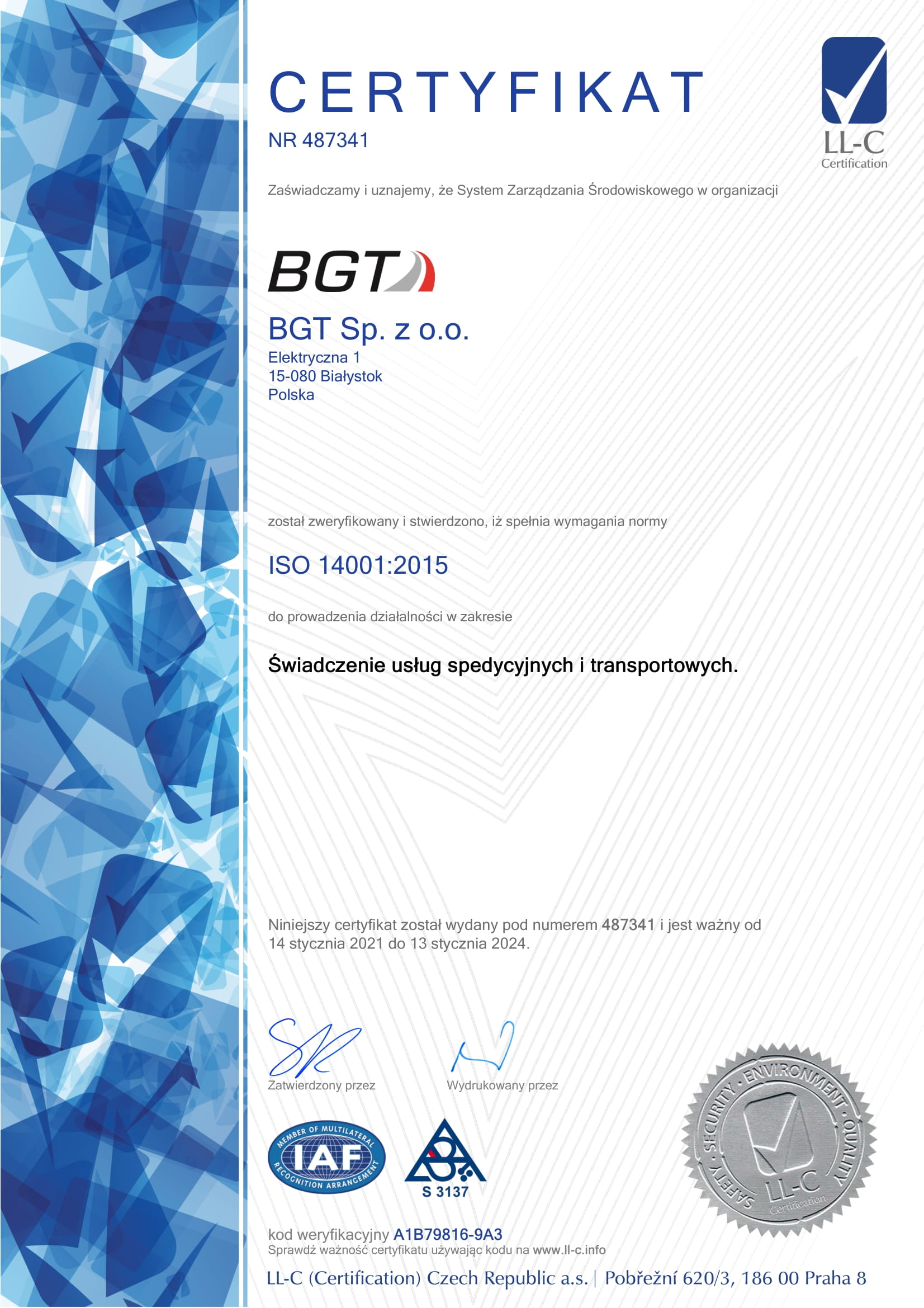 BGT certyfikat iso 14001